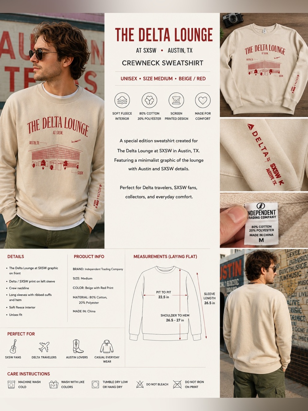 Delta Lounge at SXSW Austin Crewneck Sweatshirt Independent Trading Co Beige M
